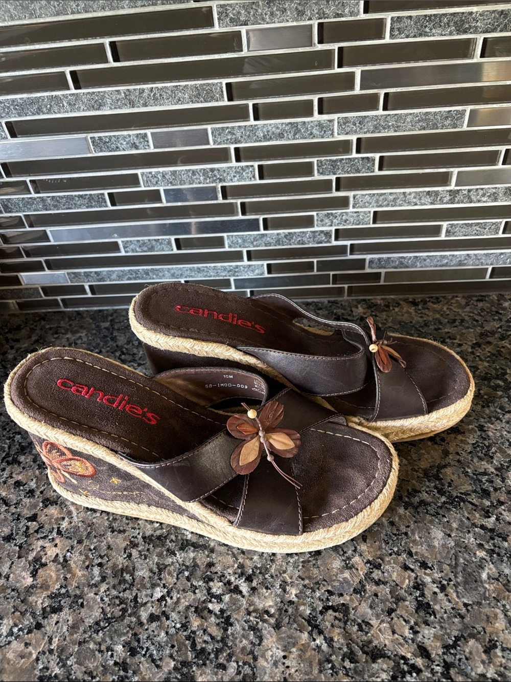 Candie's Brown Leather Wedge Sandals with Butterfly Accent